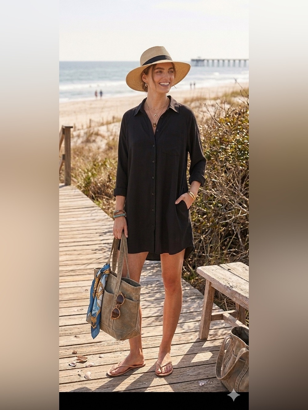HAVE Black Oversized Button Down Tunic Dress L Coastal Chic Minimalist